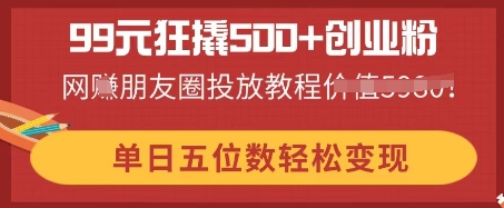 99元狂撬500+创业粉，单日五位数轻松变现，网创朋友圈投放教程-青枫传媒